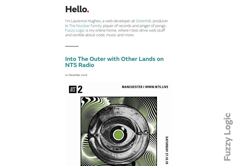 Version #1 on desktop: the “Hello.” heading, intro paragraph and the first post, with the vertical Fuzzy Logic logo at the bottom right