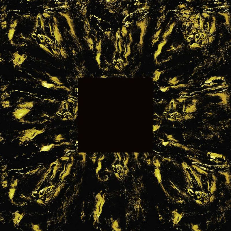 The cover of Hoavi’s Architectonics LP, which features abstract digital art that uses a centred black square with surrounding gold-coloured shapes