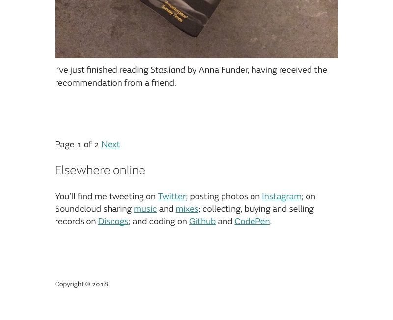 Version #1 on desktop: pagination, the “Elsewhere online” links and the copyright line