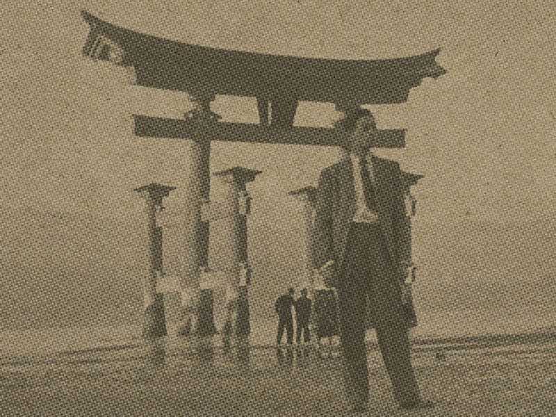 A section of the front cover of the LP “past present (tone poems across time)” by Mark de Clive-Lowe. It depicts a scene in Japan where a businessman in a suit stands in front of the entrance to a traditional building or temple.