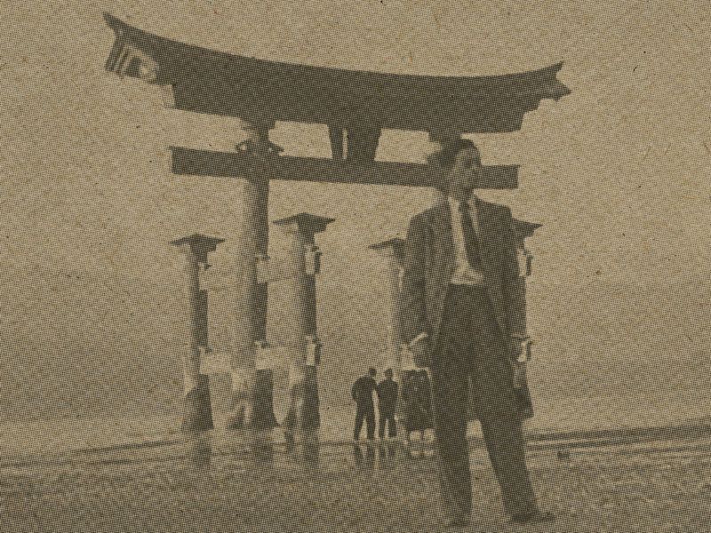 A section of the front cover of the LP “past present (tone poems across time)” by Mark de Clive-Lowe. It depicts a scene in Japan where a businessman in a suit stands in front of the entrance to a traditional building or temple.